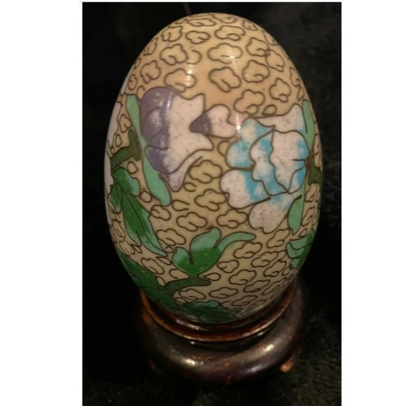 Antique Cloisonne Egg: Vintage with smooth surface &  wooden base 1700s-1800s - Picture 3 of 7